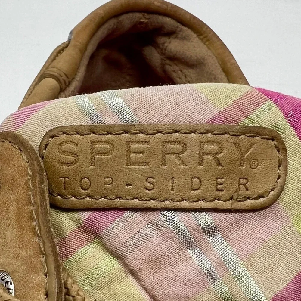 Sperry Womens‎ Plaid Tan Pink Green Leather Boat Deck Shoes Size 6M Preppy Girl